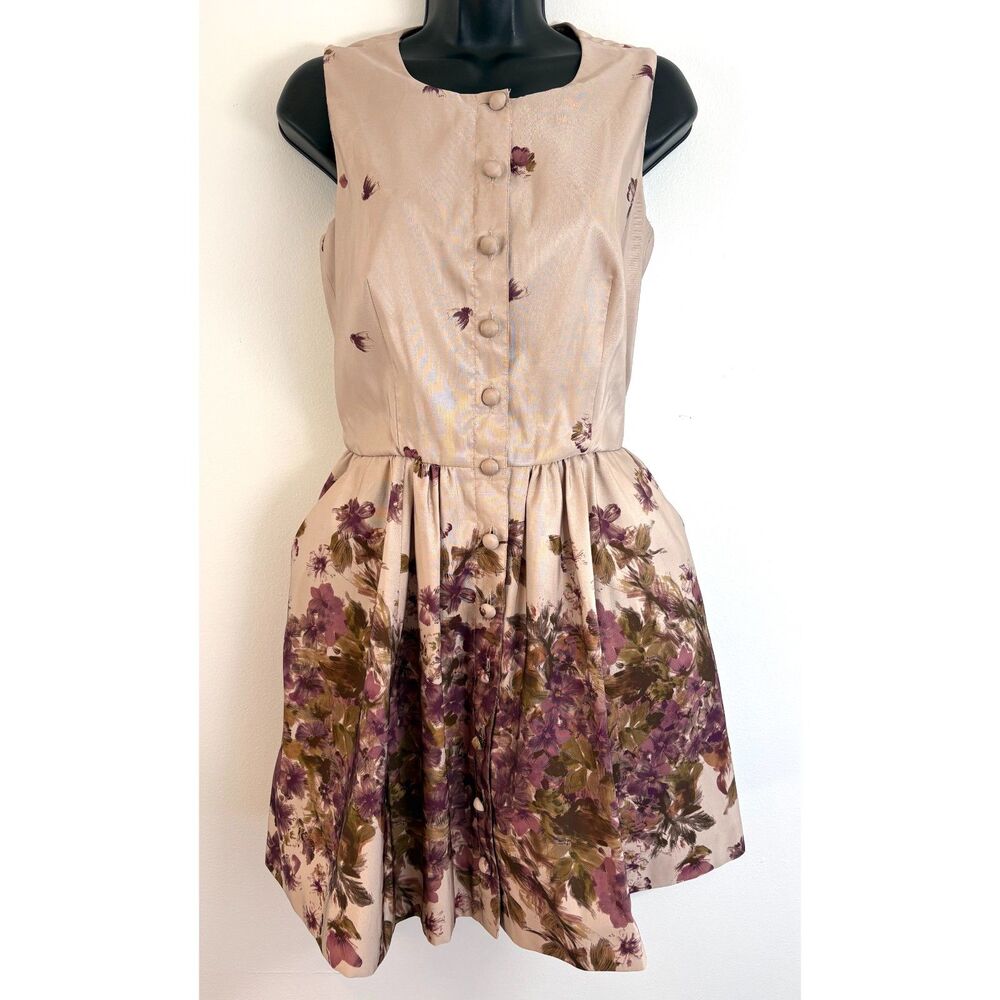 RED Valentino Faille Dress Size 2 Taupe Plum Flower Print Button Front